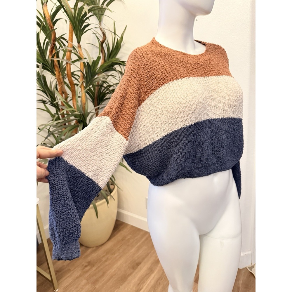 Debut Crop Sweater Size XS/S/M Color block Textured Nubby Loose Balloon Sleeve - Picture 3 of 9